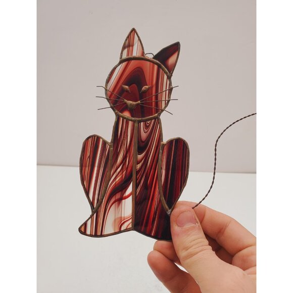 Dreamy Cat - Stained Glass handmade suncatcher, gorgeous maroon colour, cute, - Picture 7 of 10